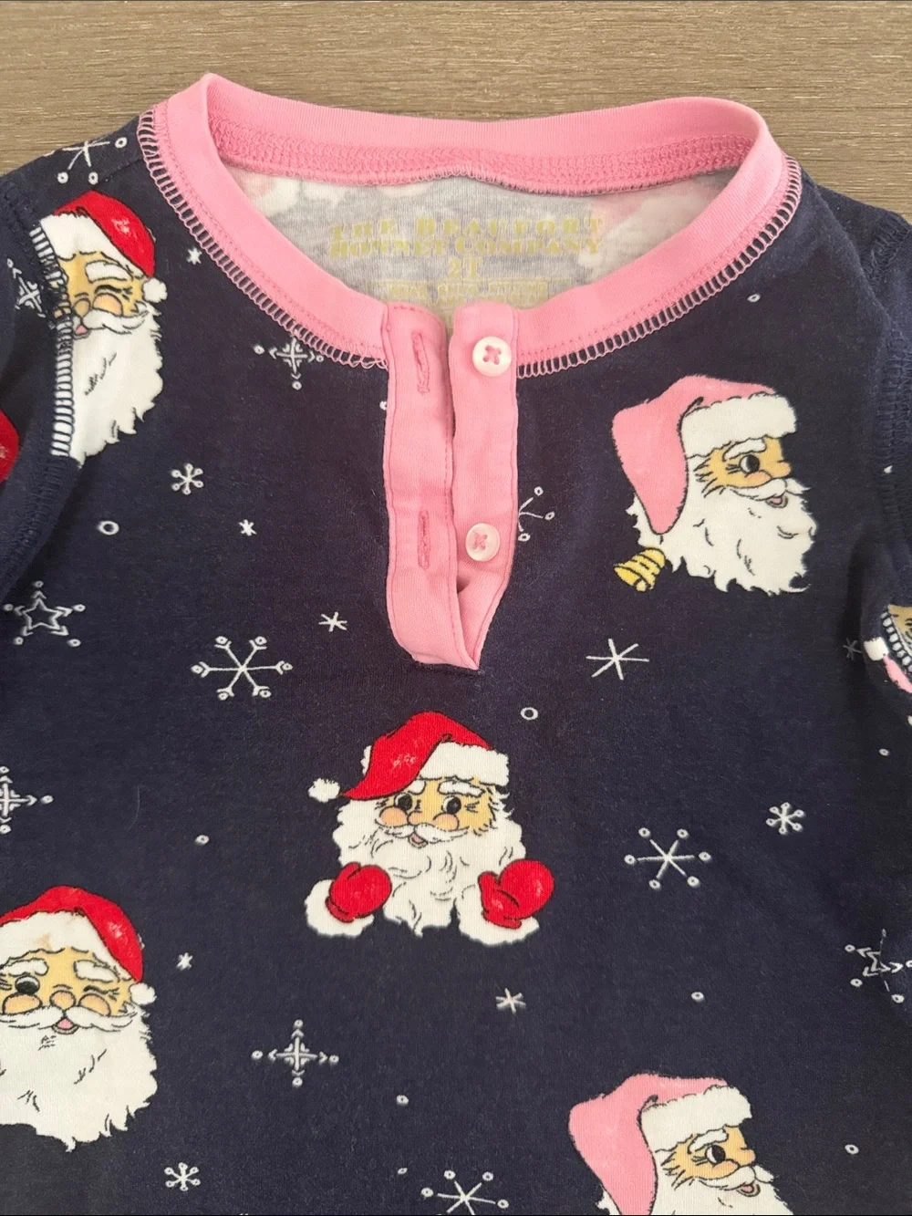 The Beaufort Bonnet Company Navy Santa Print Pajama Top with Pink Trim